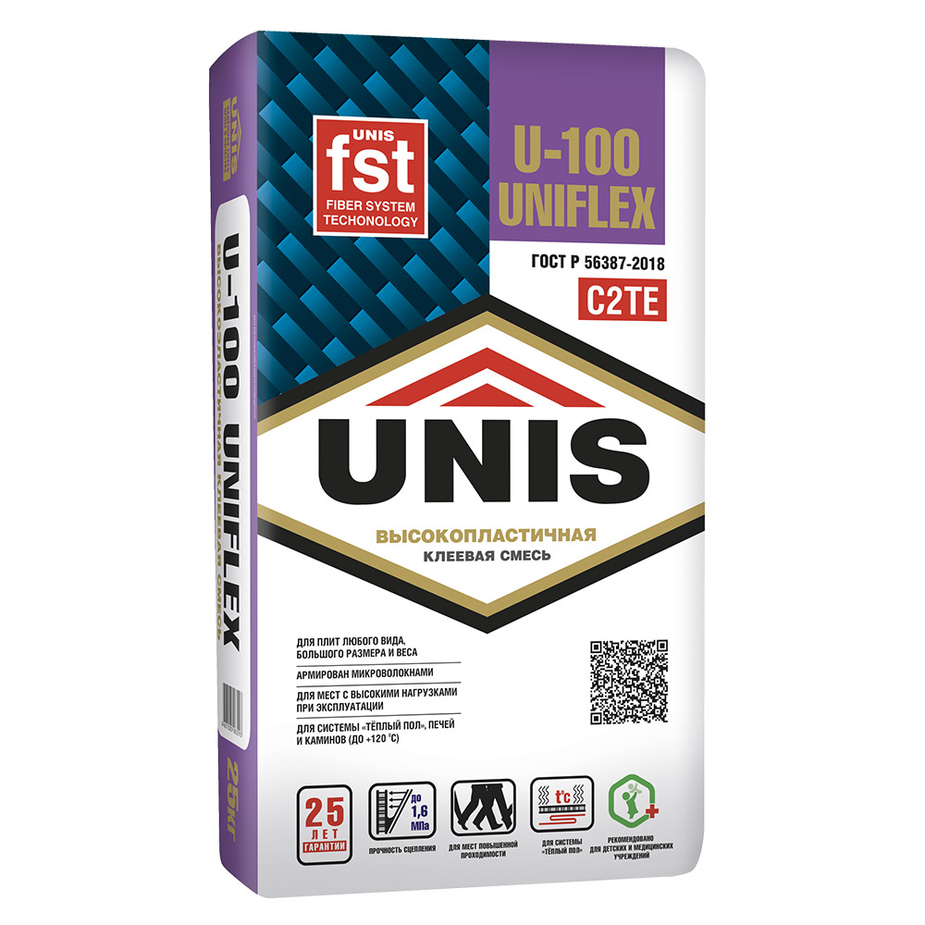 Клей для плитки, керамогранита и камня Unis Uniflex U-100 эластичный (класс С2) 25 кг